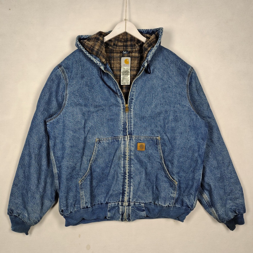 Vintage Carhartt J139 DST Denim Hooded Active Jacket Blanket Lined XL